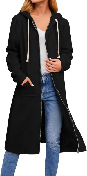 Womens Zip Up Hoodies Knee Length Tunic Sweatshirts Oversized Fleece Long Sleeve Jackets Workout Tops with Pockets