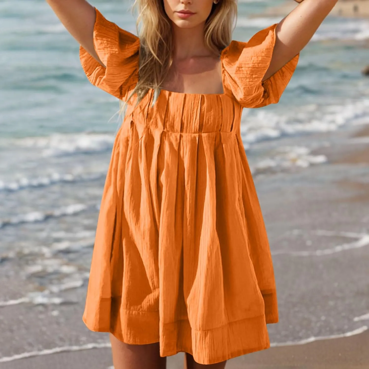 Xiaojmake Babydoll Dress for Women 2025 Cute Puff Short Sleeve Square Neck Short Dress High Waist A Line Bubble Mini Dresses