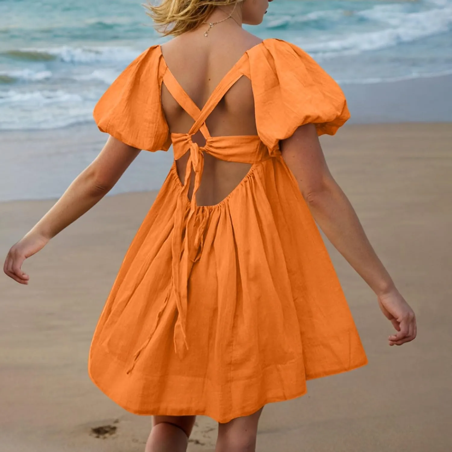 Xiaojmake Babydoll Dress for Women 2025 Cute Puff Short Sleeve Square Neck Short Dress High Waist A Line Bubble Mini Dresses