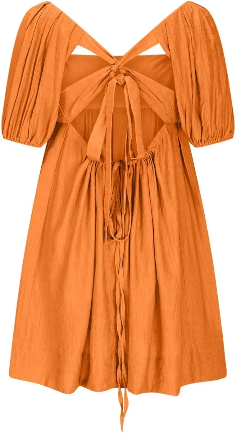 Xiaojmake Babydoll Dress for Women 2025 Cute Puff Short Sleeve Square Neck Short Dress High Waist A Line Bubble Mini Dresses