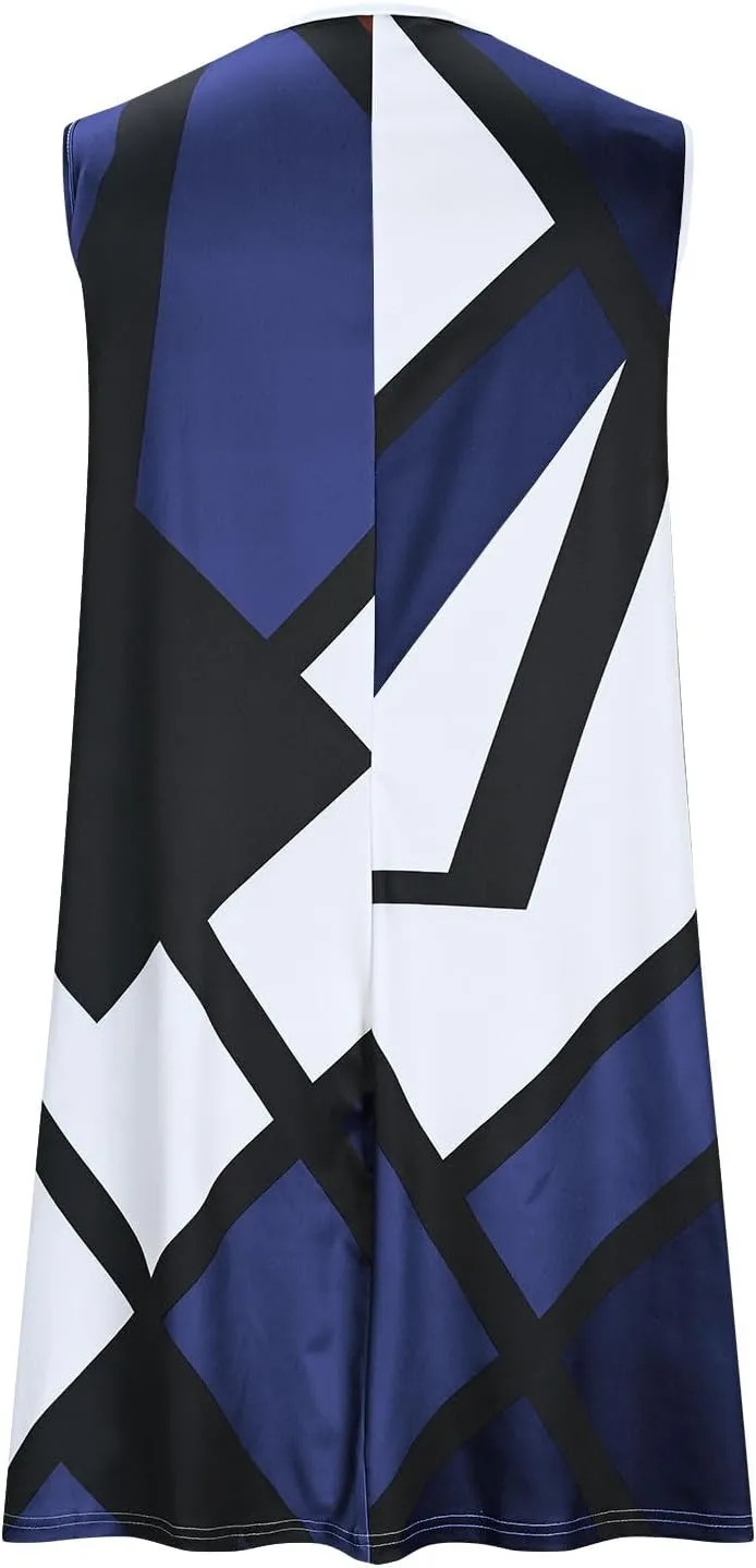 Xiaojmake Tank Dress Plus Size for Summer Geometric Flowy Dresses V-Neck Sleeveless Loose Swing Mini Dresses Beach Cover Ups