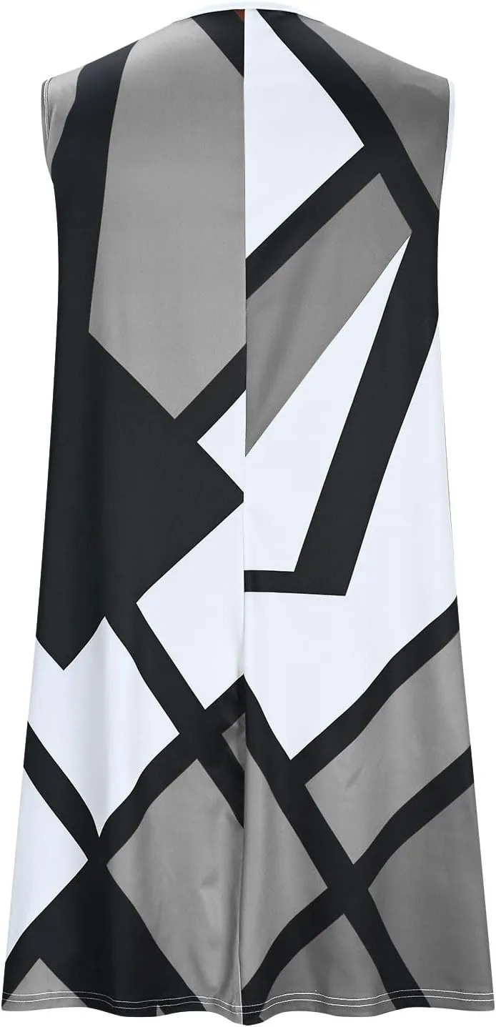 Xiaojmake Tank Dress Plus Size for Summer Geometric Flowy Dresses V-Neck Sleeveless Loose Swing Mini Dresses Beach Cover Ups