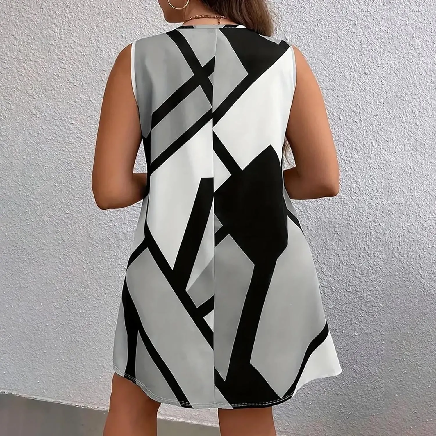Xiaojmake Tank Dress Plus Size for Summer Geometric Flowy Dresses V-Neck Sleeveless Loose Swing Mini Dresses Beach Cover Ups