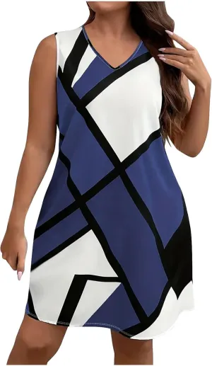 Xiaojmake Tank Dress Plus Size for Summer Geometric Flowy Dresses V-Neck Sleeveless Loose Swing Mini Dresses Beach Cover Ups