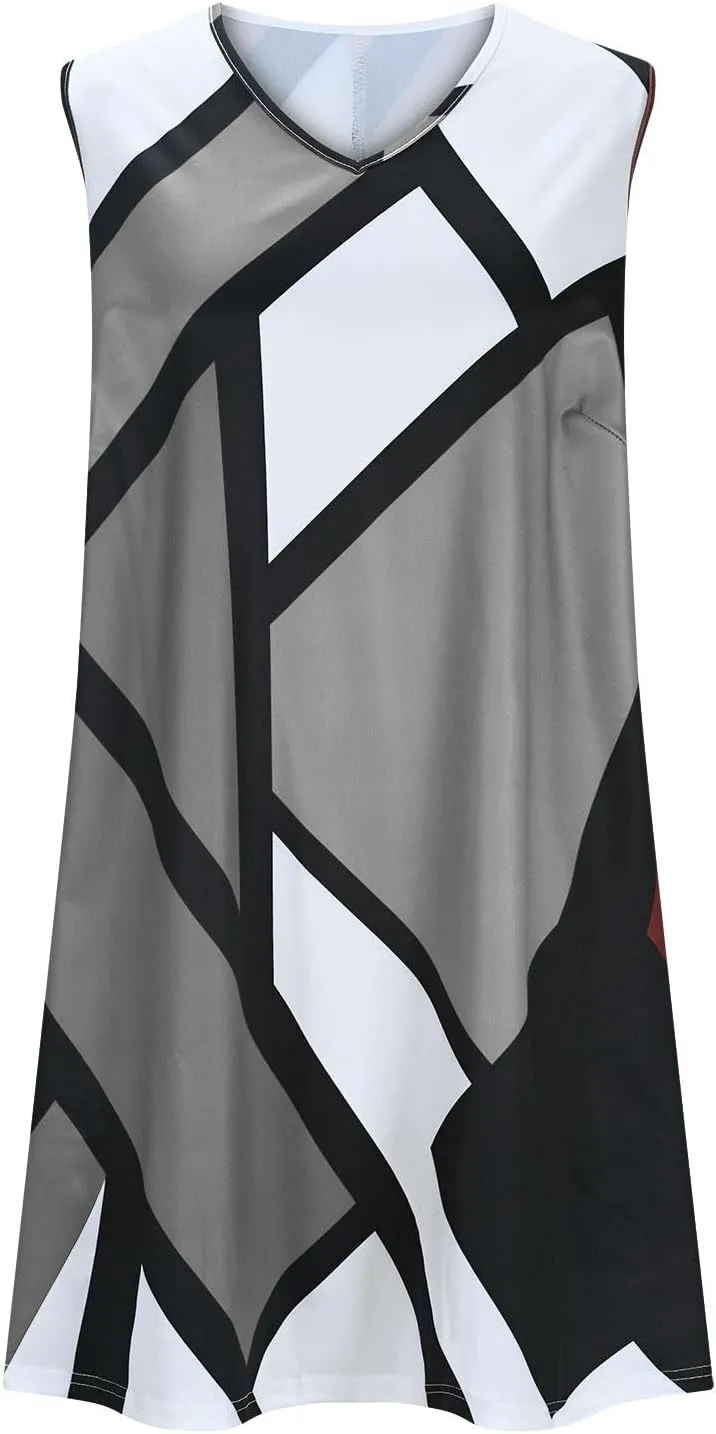 Xiaojmake Tank Dress Plus Size for Summer Geometric Flowy Dresses V-Neck Sleeveless Loose Swing Mini Dresses Beach Cover Ups