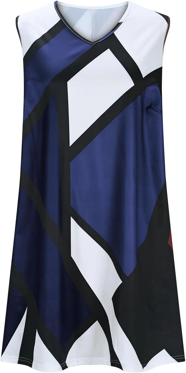 Xiaojmake Tank Dress Plus Size for Summer Geometric Flowy Dresses V-Neck Sleeveless Loose Swing Mini Dresses Beach Cover Ups
