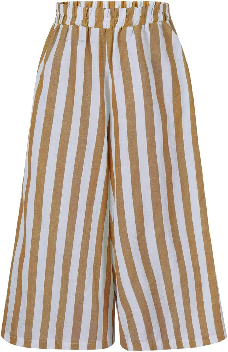 Xiaojmake Womens Wide Leg Palazzo Pants Linen Drawstring Cropped Trousers Y2K A Line Flowy Pants Striped High-Waist Culottes