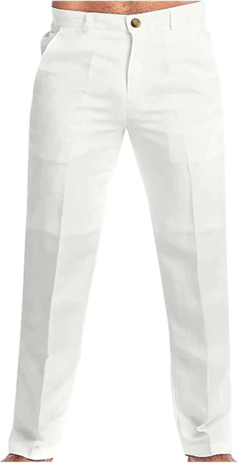 XUETON Men's Slim Fit Dress Pants Casual Business Office Work Pants Comfort Flat-Front Stretch Chino Golf Trousers Straight Leg Cotton Linen Workout Track Pants Slacks Fall Trousers for Men White
