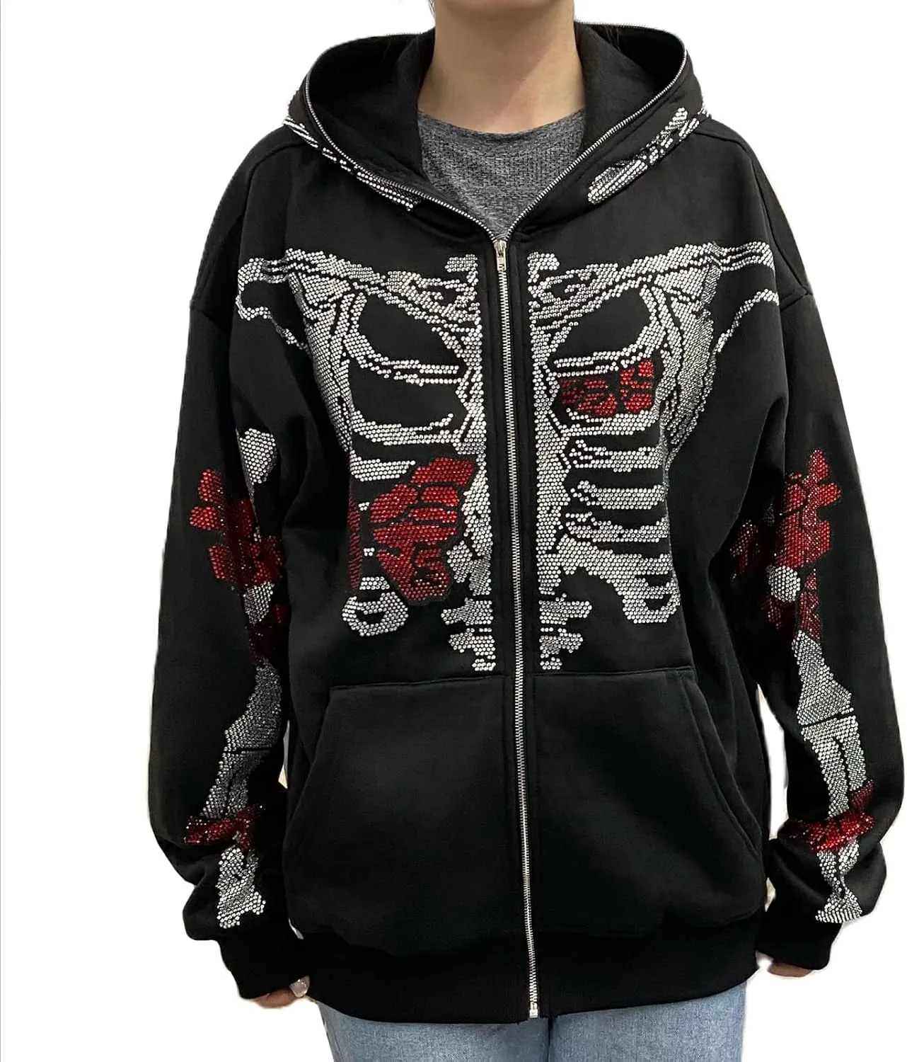 Y2K Hoodie Full Zip Up Hoodie Over Face Women Men Skeleton Skull Print Hooded Aesthetic Sweatshirts