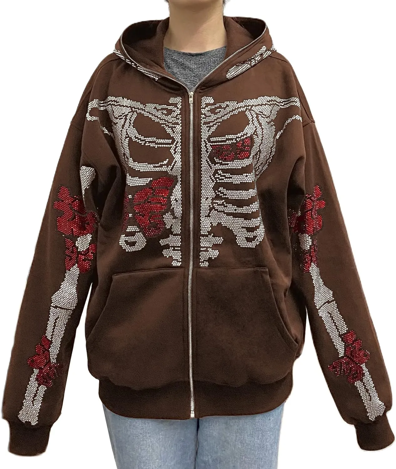 Y2K Hoodie Full Zip Up Hoodie Over Face Women Men Skeleton Skull Print Hooded Aesthetic Sweatshirts