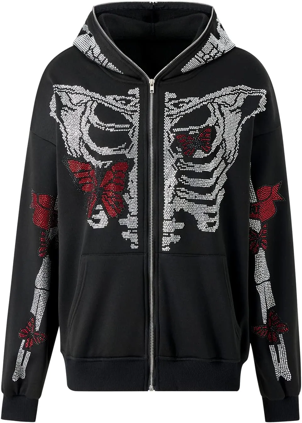 Y2K Hoodie Full Zip Up Hoodie Over Face Women Men Skeleton Skull Print Hooded Aesthetic Sweatshirts