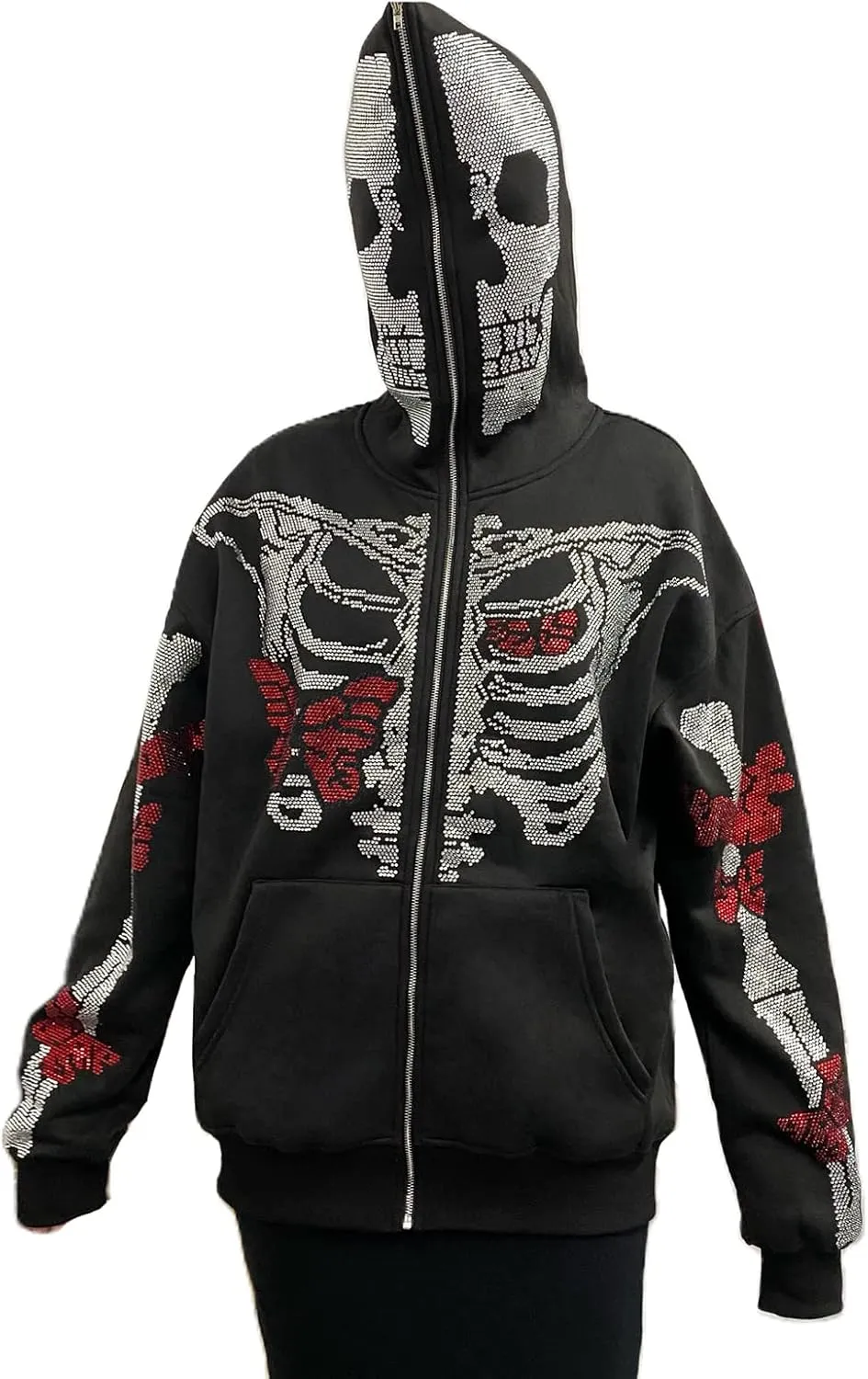 Y2K Hoodie Full Zip Up Hoodie Over Face Women Men Skeleton Skull Print Hooded Aesthetic Sweatshirts
