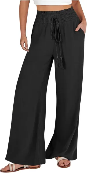 yardsong Linen Pants Women Summer Boho Smocked Drawstring High Waist Wide Leg Casual Loose Fit Trousers with Pockets