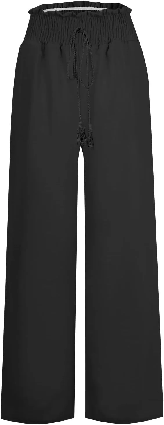 yardsong Linen Pants Women Summer Boho Smocked Drawstring High Waist Wide Leg Casual Loose Fit Trousers with Pockets