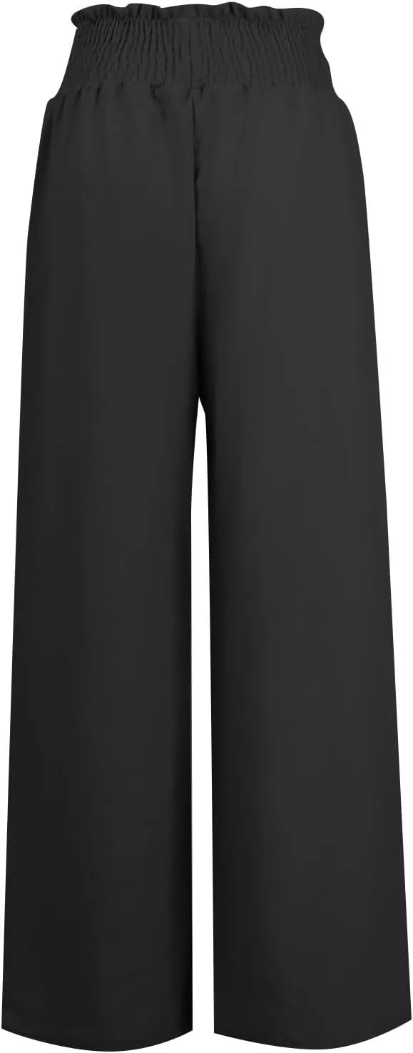 yardsong Linen Pants Women Summer Boho Smocked Drawstring High Waist Wide Leg Casual Loose Fit Trousers with Pockets