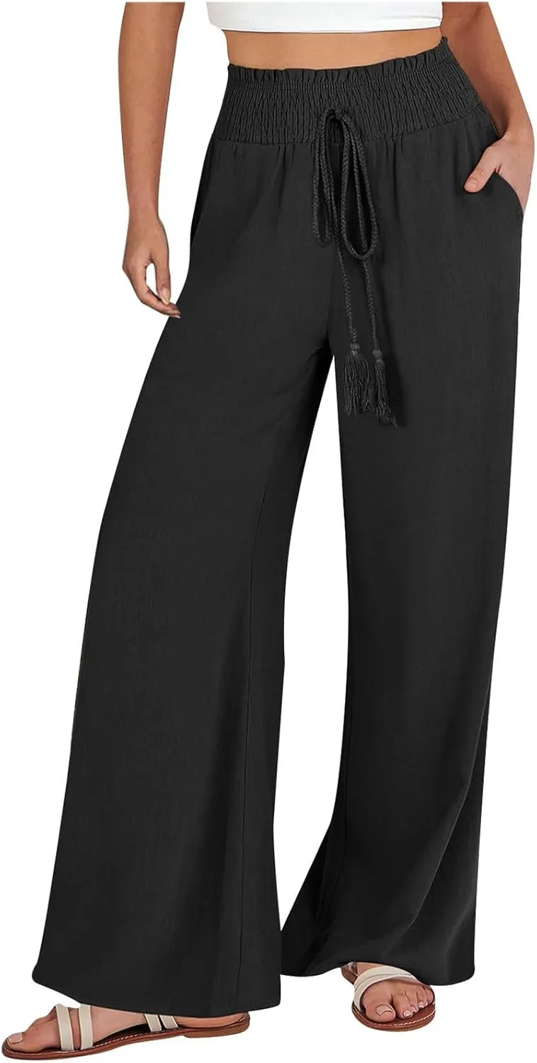 yardsong Linen Pants Women Summer Boho Smocked Drawstring High Waist Wide Leg Casual Loose Fit Trousers with Pockets