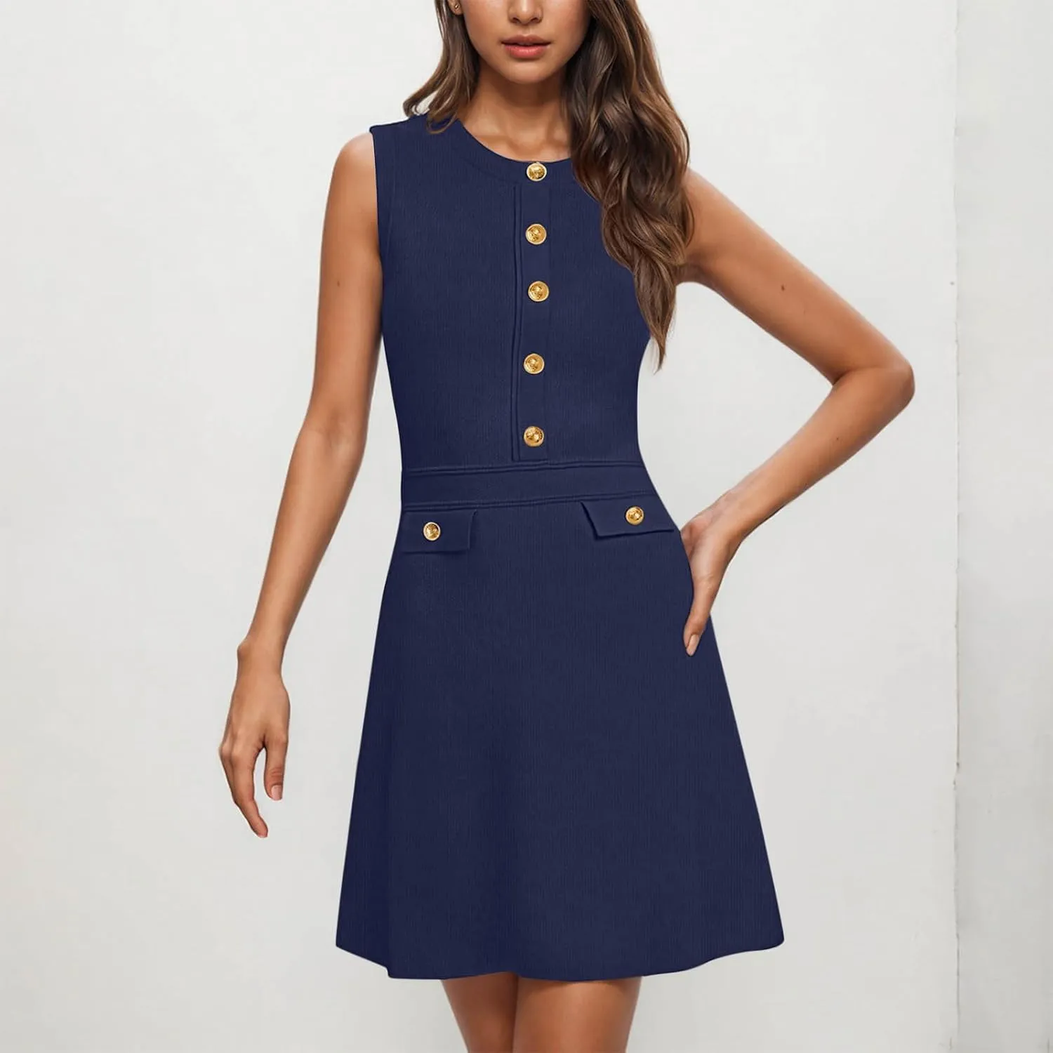 yardsong Summer Work Dresses for Women 2025 Business Casual Metal Buttons Decor Mini Dress Sleeveless Office Dresses