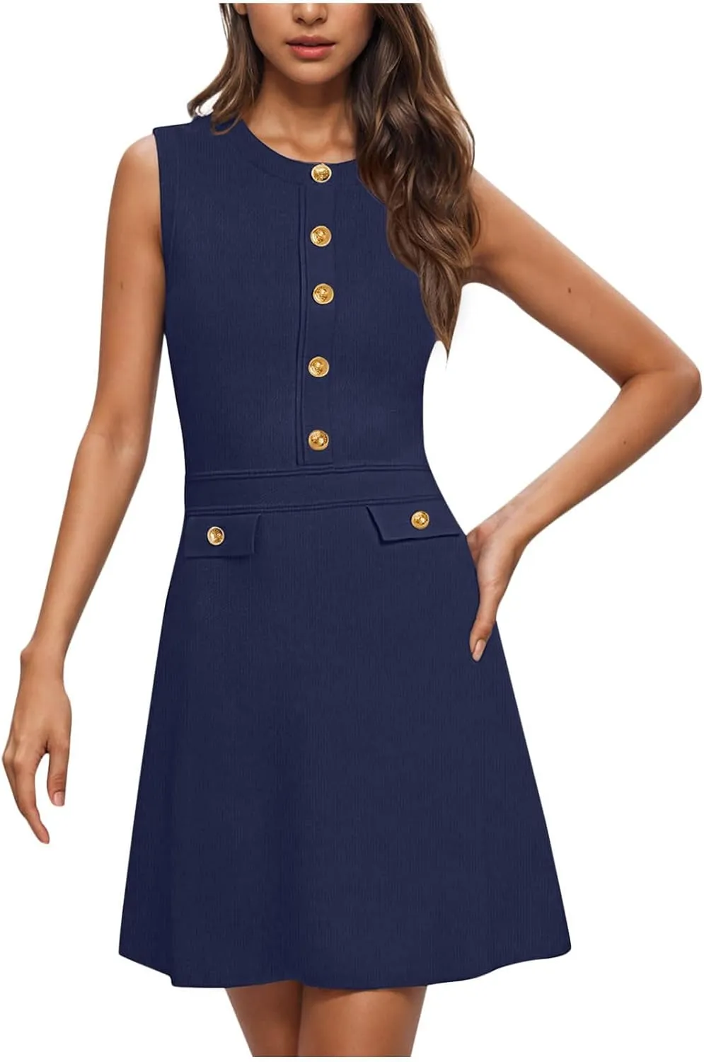 yardsong Summer Work Dresses for Women 2025 Business Casual Metal Buttons Decor Mini Dress Sleeveless Office Dresses