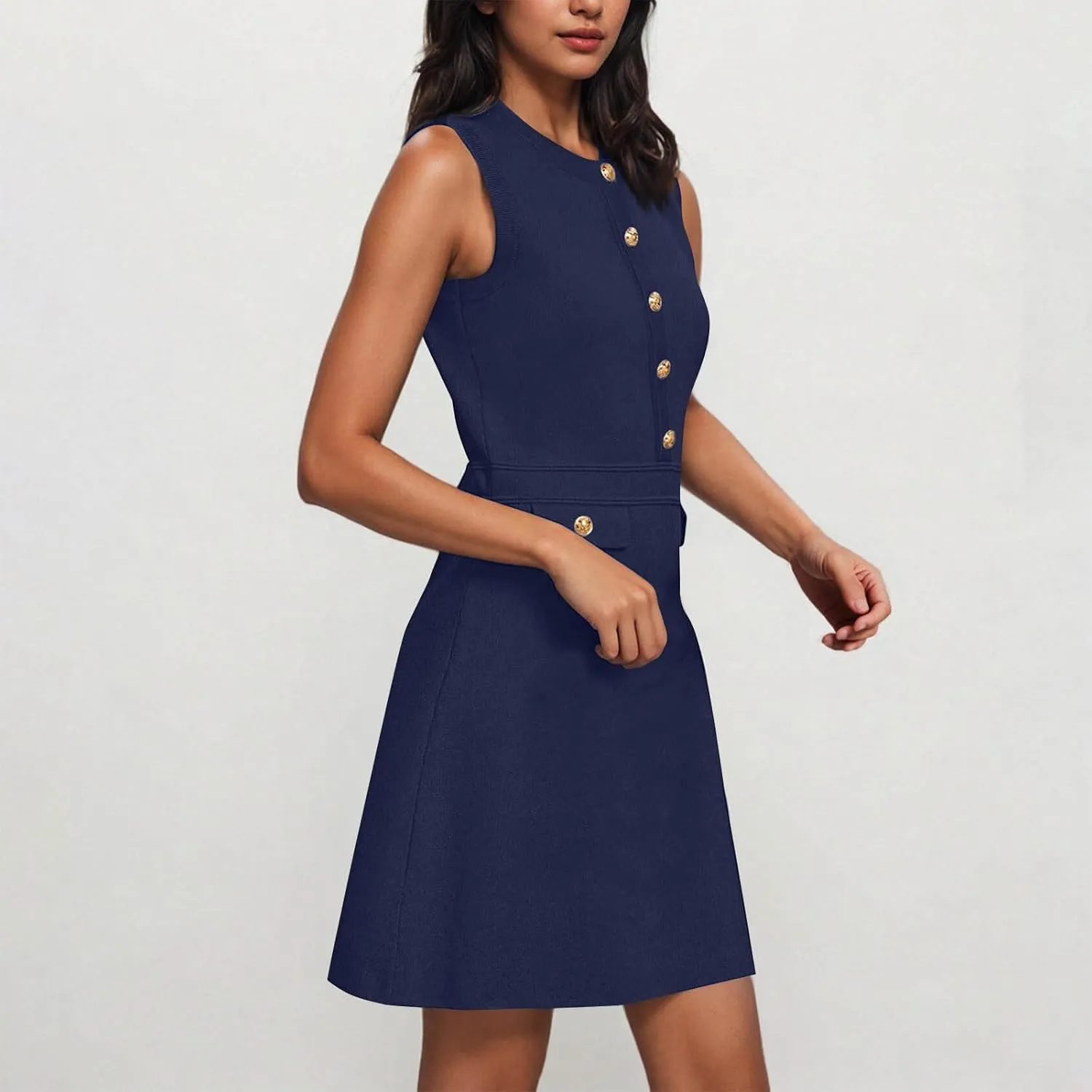 yardsong Summer Work Dresses for Women 2025 Business Casual Metal Buttons Decor Mini Dress Sleeveless Office Dresses