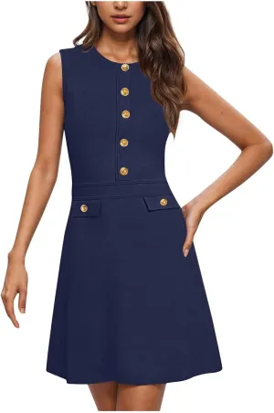 yardsong Summer Work Dresses for Women 2025 Business Casual Metal Buttons Decor Mini Dress Sleeveless Office Dresses