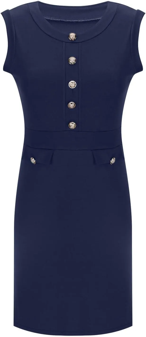yardsong Summer Work Dresses for Women 2025 Business Casual Metal Buttons Decor Mini Dress Sleeveless Office Dresses