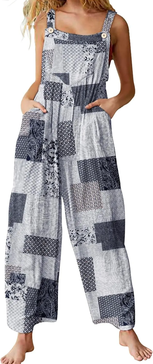 YESNO Overalls for Women Casual Loose Summer Rompers Boho Floral Adjustable Straps Wide Leg Jumpsuits with Pockets PQ2