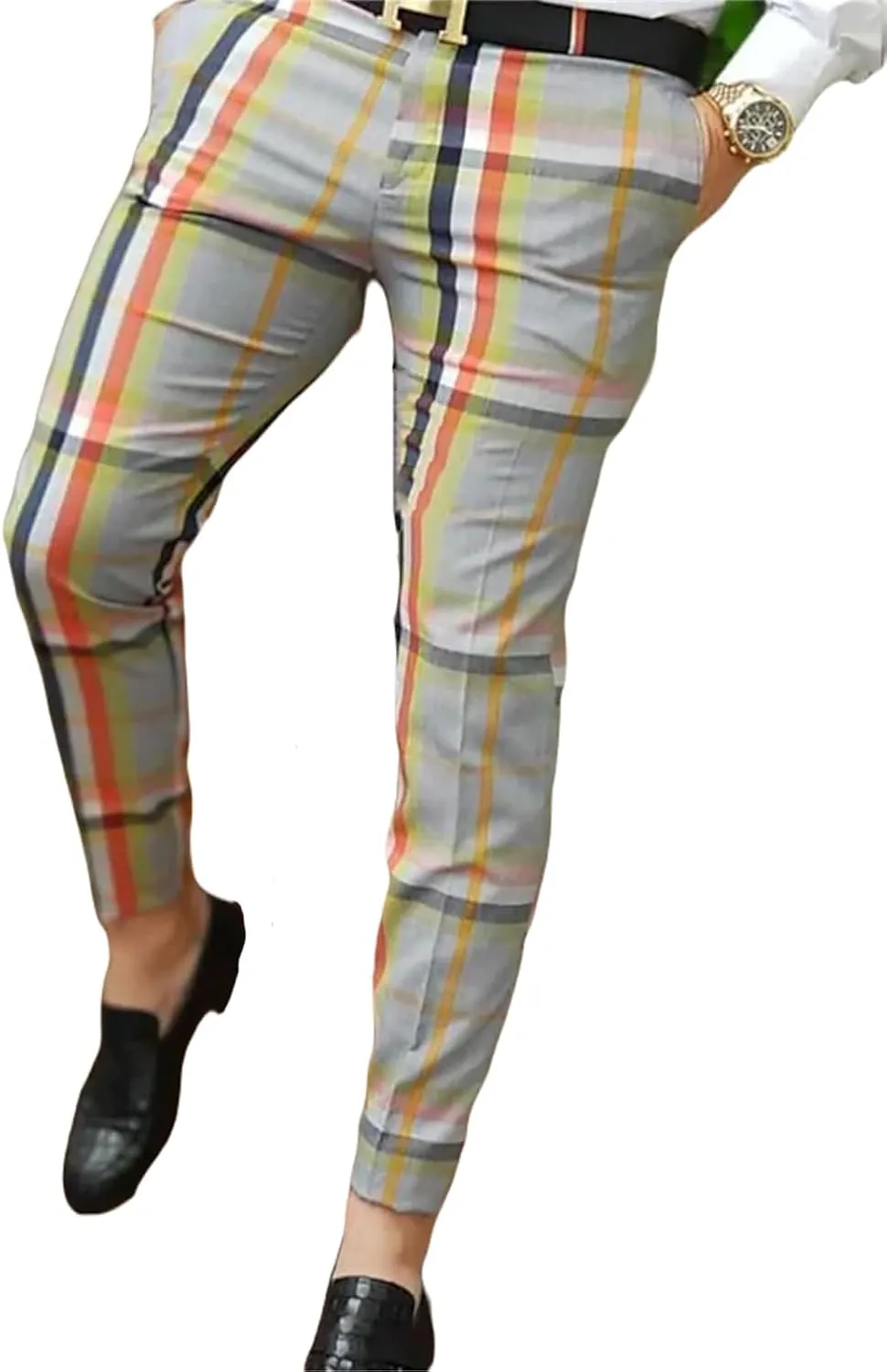 YIBIMOTTO Men's Slim Fit Pants Straight Dress Pants Business Suit Plaid Slacks Pants Skinny Twill Checkered Casual Chino Long Trousers with Pockets,Stripe,XXL