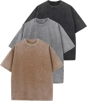 Yimoon 3 Pack Men Oversized T Shirts Heavy Cotton Vintage Baggy Tee Casual Loose Short Sleeve Acid Wash Unisex Tops(Blackgreykhaki-L), Large