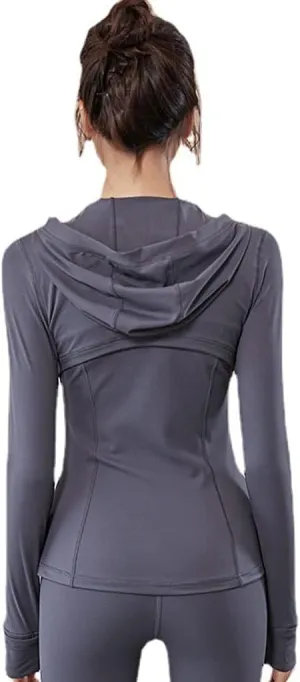 Yoga Shirt for Women Long Sleeve Workout Shirts Hooded Tight Zip Tops Thumb Hole Shirts Breathable Quick Dry Gym Shirt (Color : Gray1, Size : S/)