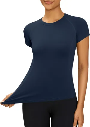 Yoga Workout Tops Women 2025 Casual Quick Dry Activewear Running Tennis Gym Shirts Raglan Short Sleeve Slim T Shirt(Navy,Medium)