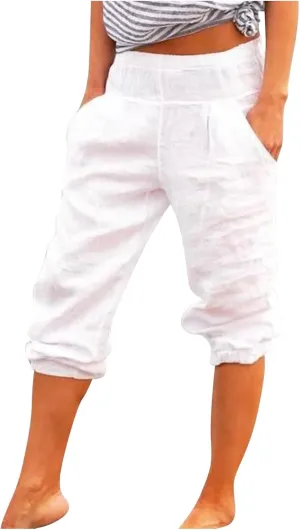 YOLAI Cotton Linen Knee Length Pant Women Casual Solid Pants High Waist Cropped Trousers Summer Lightweight Pant (White, M)
