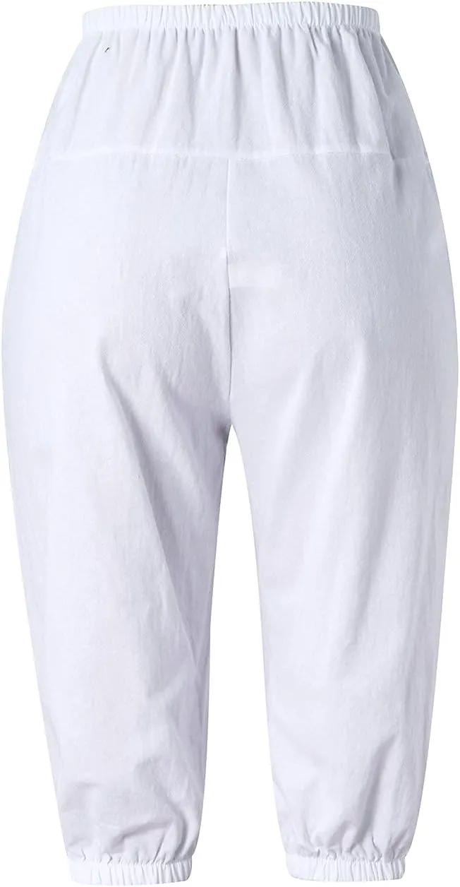 YOLAI Cotton Linen Knee Length Pant Women Casual Solid Pants High Waist Cropped Trousers Summer Lightweight Pant (White, M)