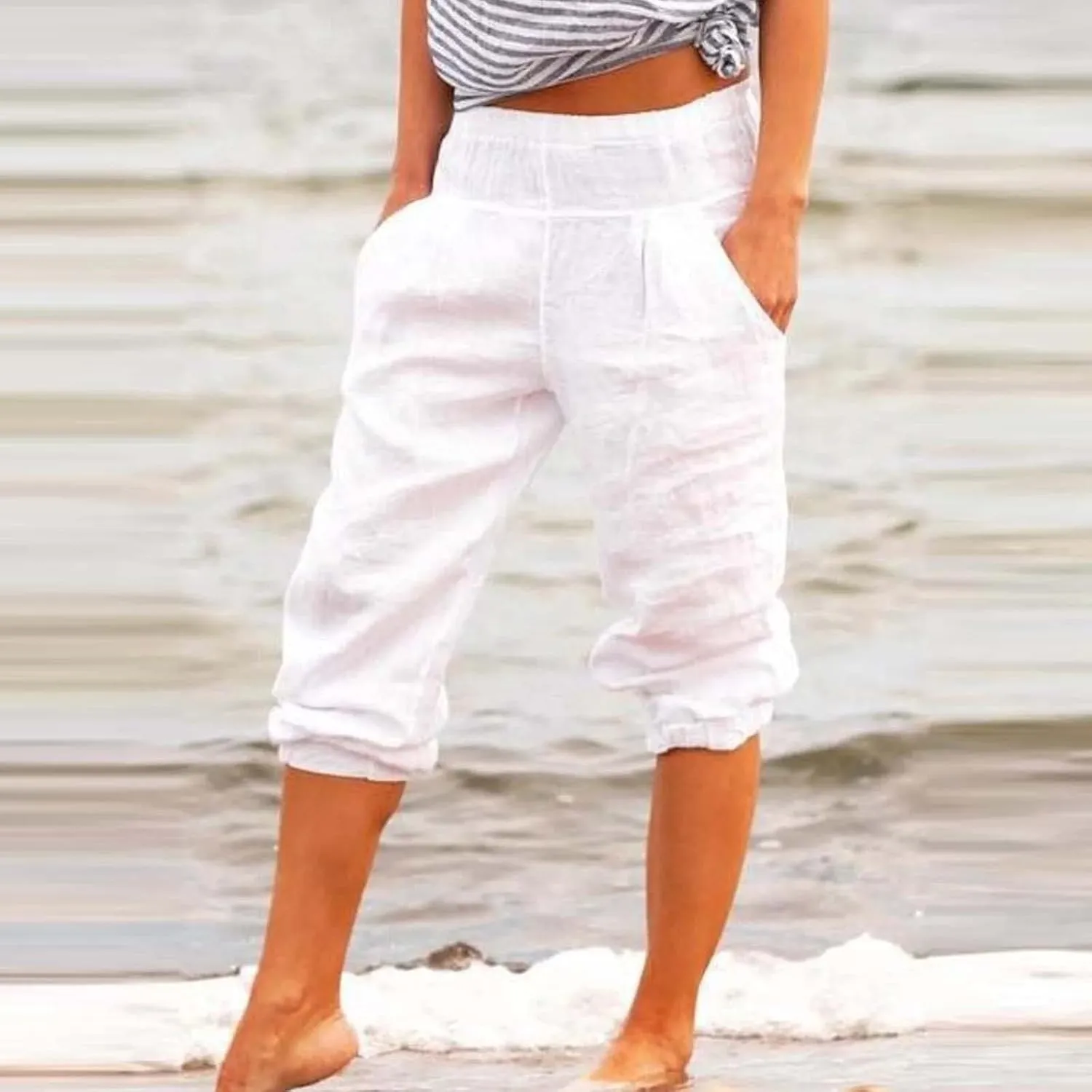 YOLAI Cotton Linen Knee Length Pant Women Casual Solid Pants High Waist Cropped Trousers Summer Lightweight Pant (White, M)