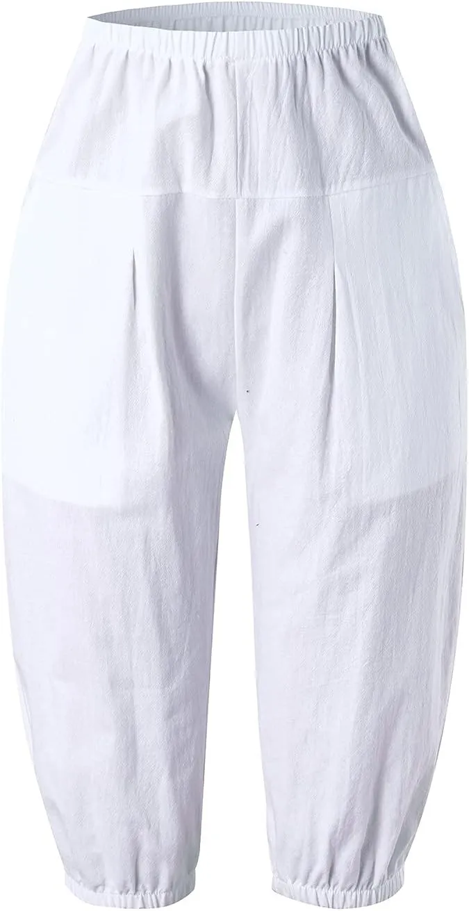 YOLAI Cotton Linen Knee Length Pant Women Casual Solid Pants High Waist Cropped Trousers Summer Lightweight Pant (White, M)