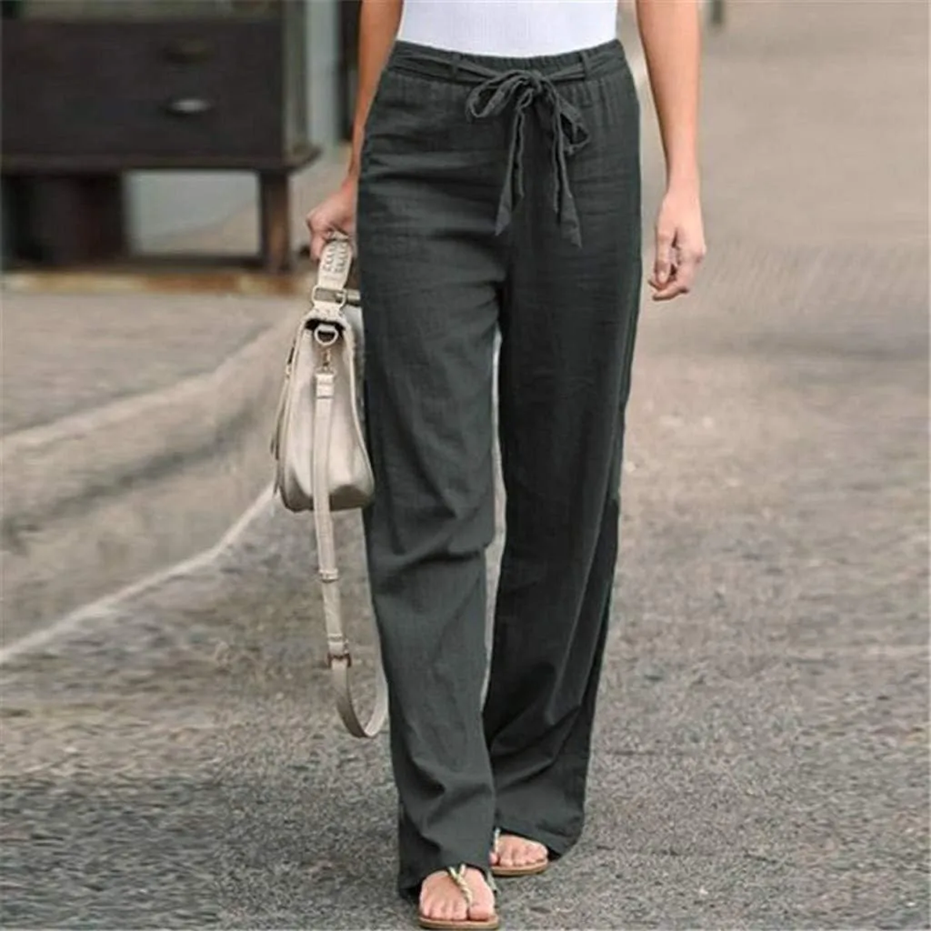 YOLAI Women Cotton Linen Trousers Elastic Waist Solid Color Long Pants Drawstring Wide Leg Pants