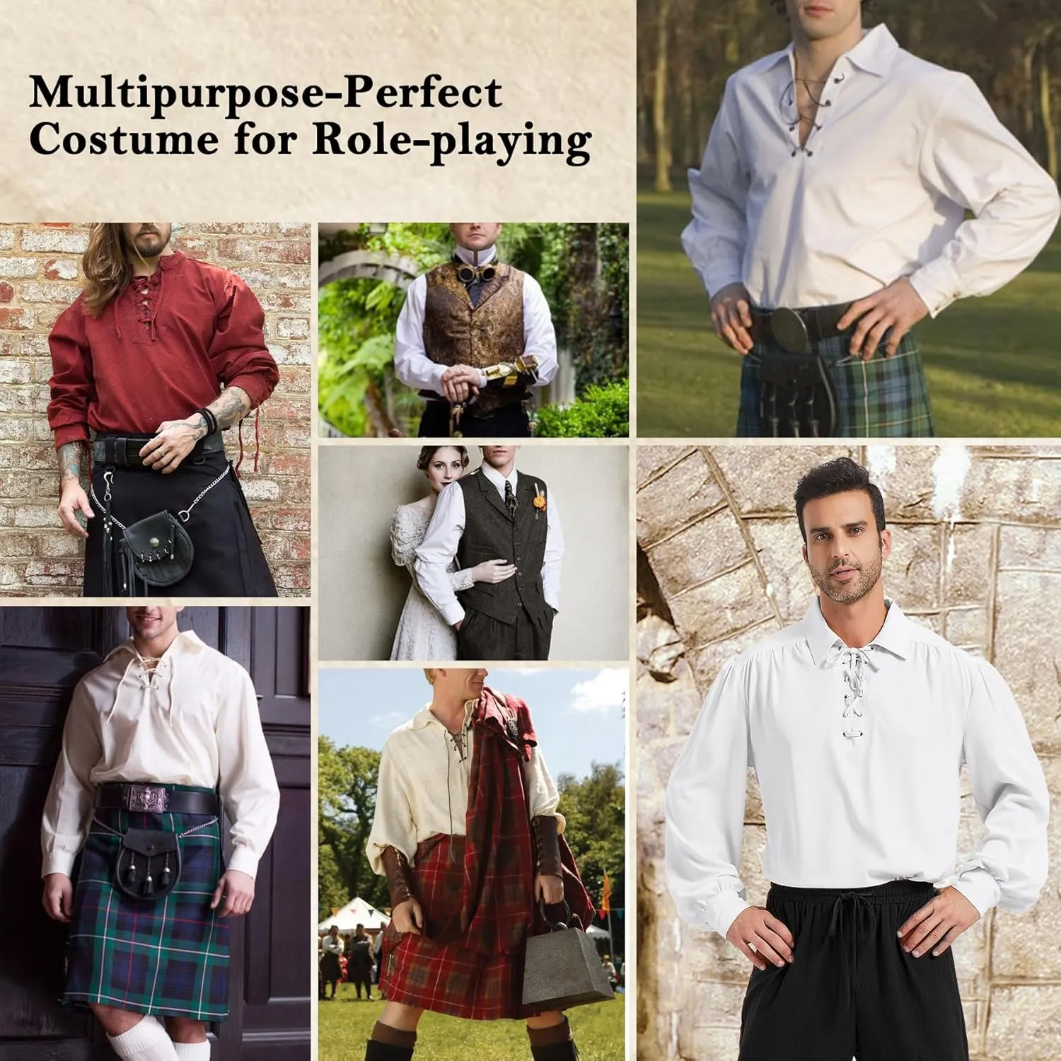 Zando Mens Pirate Shirt Renaissance Faire Costume Men Medieval Vampire Victorian Steampunk Viking Halloween Cosplay Top