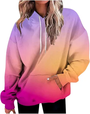ZDRZK Hoodies For Women Gradient Print Casual Crewneck Long Sleeve Sweatshirts Hooded Loose Fit Oversized Pullover