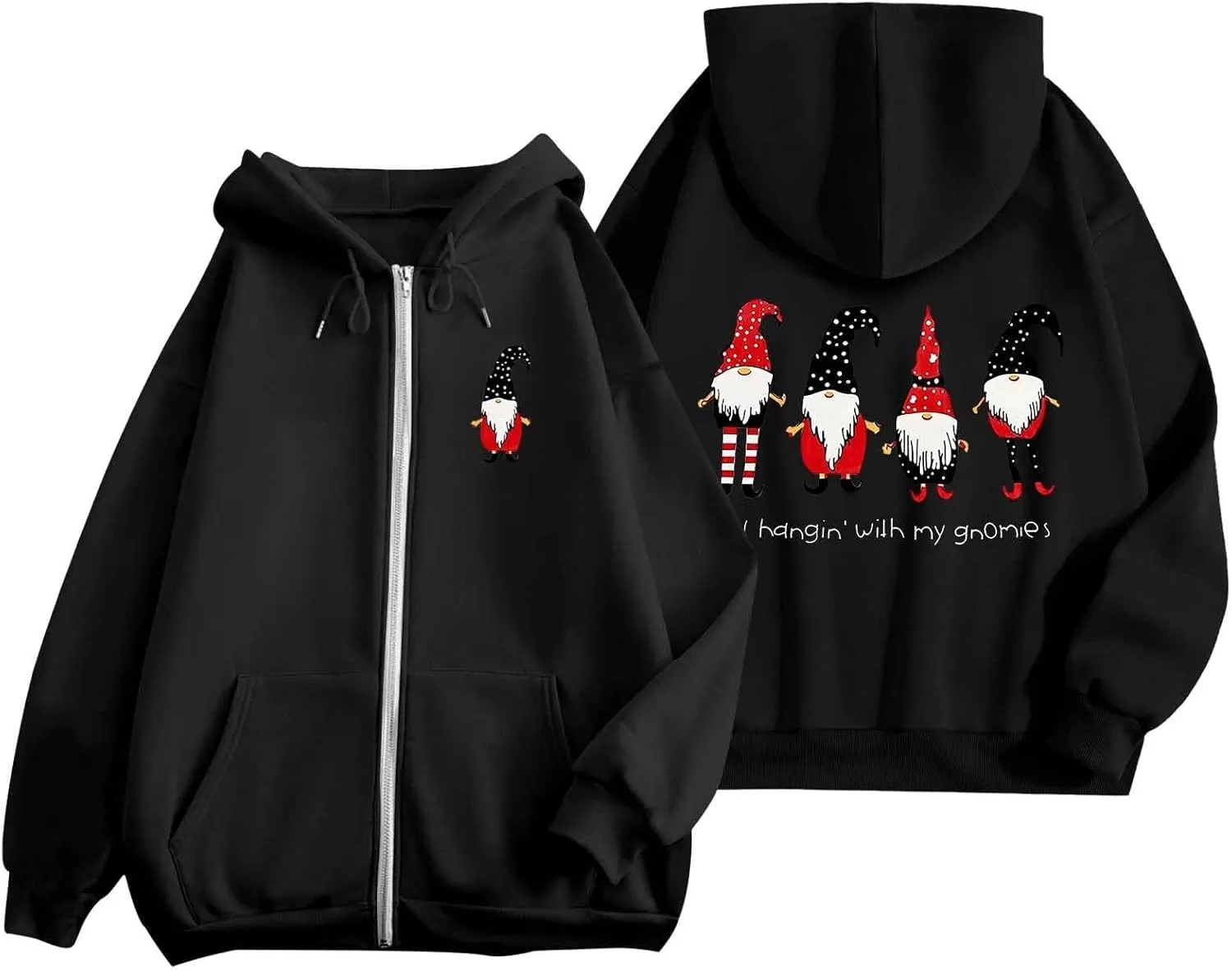 Zip Up Hoodie Women Oversized Christmas Santa Long Sleeve Crewneck Jacket Drawstring Hoodies with Pockets