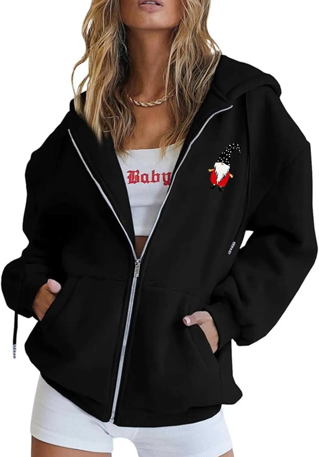 Zip Up Hoodie Women Oversized Christmas Santa Long Sleeve Crewneck Jacket Drawstring Hoodies with Pockets
