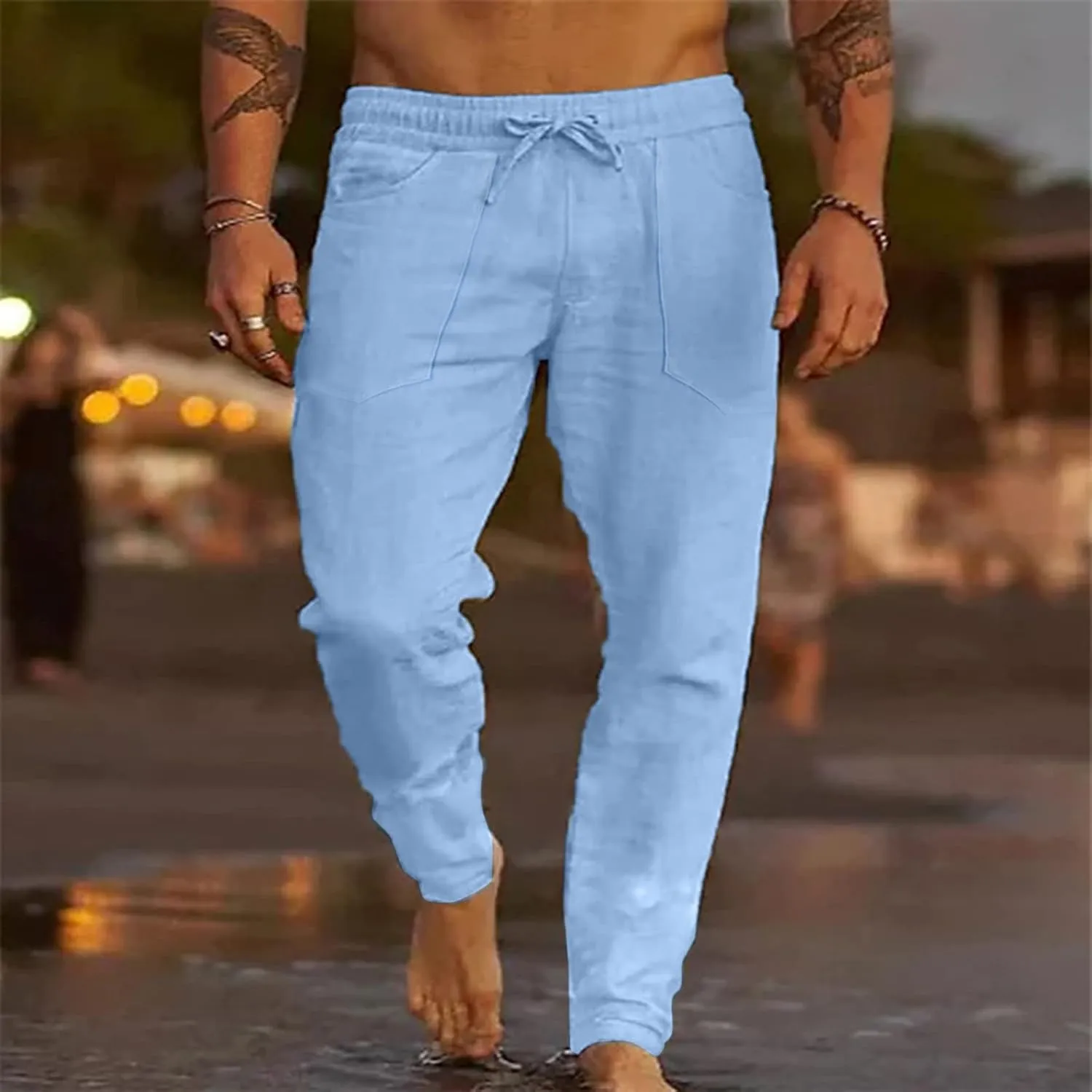 ZYXTIM Cotton Linen Casual Pants for Men Lightweight Cool Dry Summer Beach Trousers Elastic Waist Sport Cycling Yoga Pants