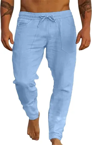 ZYXTIM Cotton Linen Casual Pants for Men Lightweight Cool Dry Summer Beach Trousers Elastic Waist Sport Cycling Yoga Pants