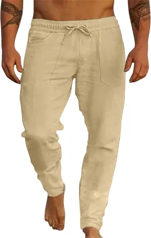 ZYXTIM Cotton Linen Casual Pants for Men Lightweight Cool Dry Summer Beach Trousers Elastic Waist Sport Cycling Yoga Pants