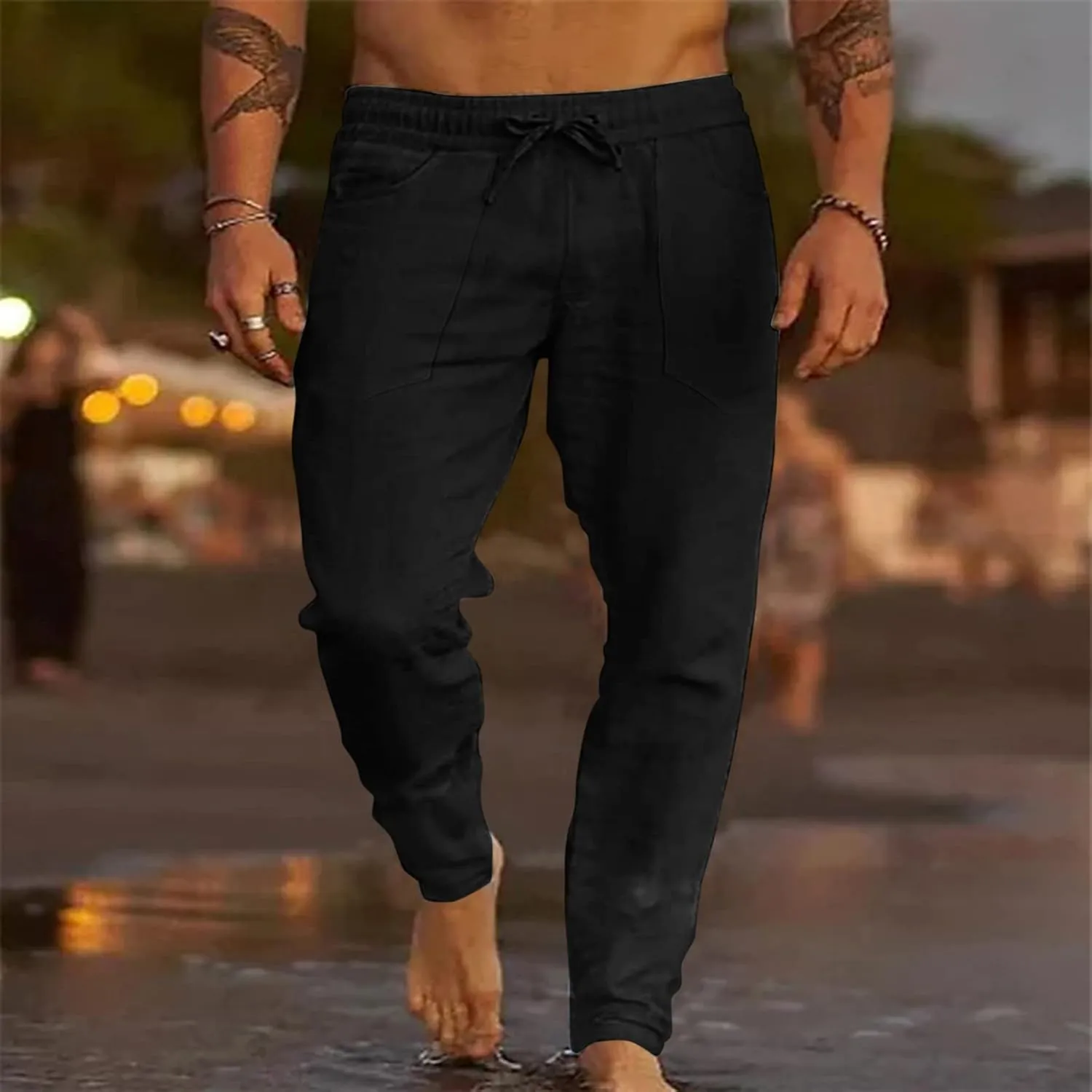 ZYXTIM Cotton Linen Casual Pants for Men Lightweight Cool Dry Summer Beach Trousers Elastic Waist Sport Cycling Yoga Pants