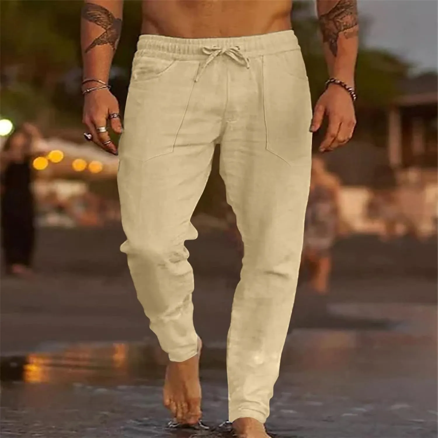 ZYXTIM Cotton Linen Casual Pants for Men Lightweight Cool Dry Summer Beach Trousers Elastic Waist Sport Cycling Yoga Pants