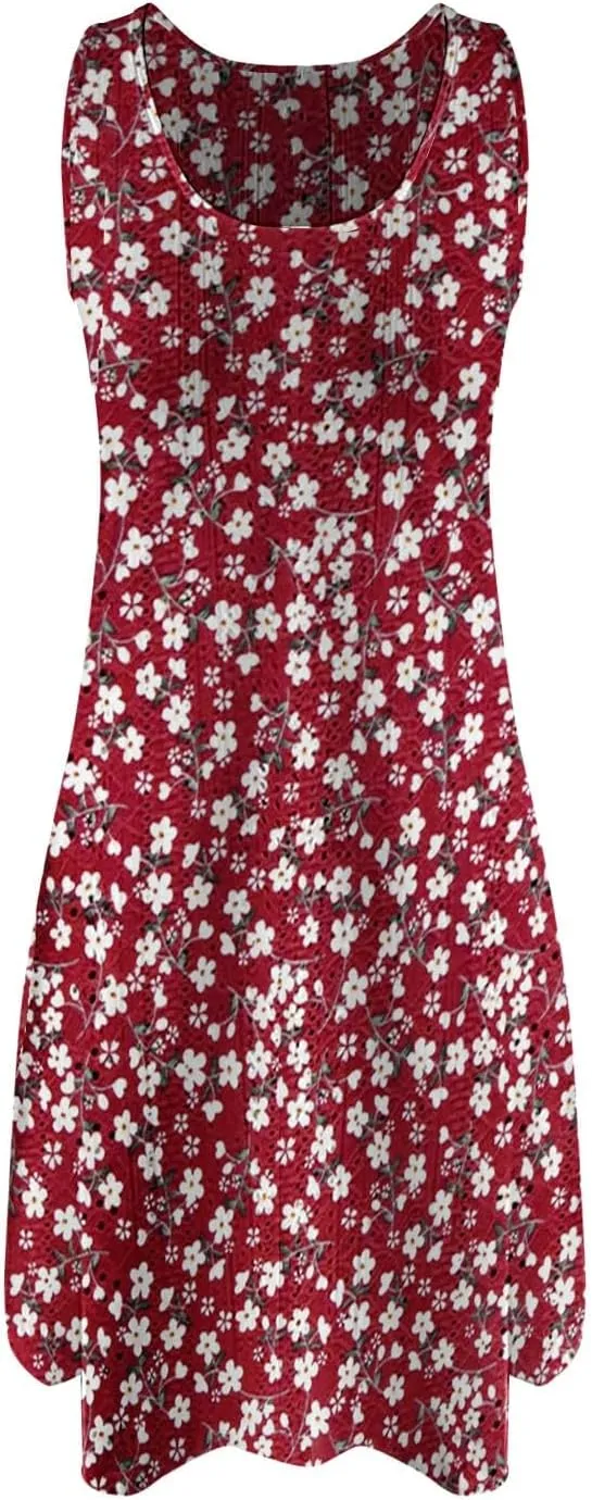 ZYXTIM Women's Summer 2024 Casual Sundress Sleeveless Eyelet Embroidery Mini Dress V Neck Floral Printed Flowy Beach Sundress